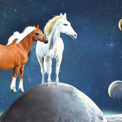 Prompt: horses in space, cats, dogs