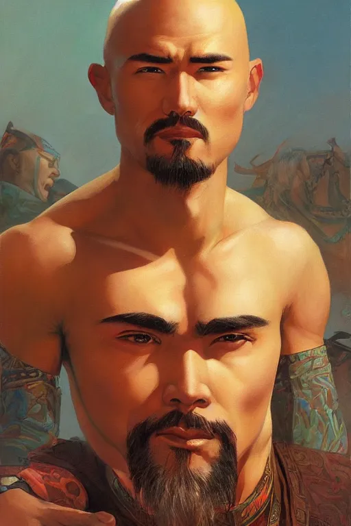 Image similar to beautiful gorgeous bald kazakh guy with a short beard, painted by tom lovell, alex malveda, greg staples