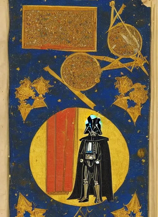 Prompt: Darth Vader in a page from from an illuminated manuscript, gold leaf, high detail