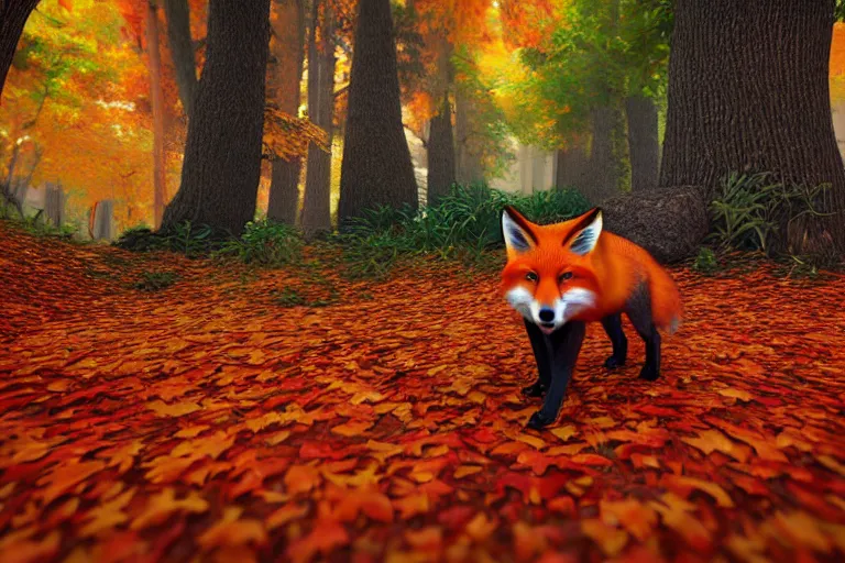 Image similar to super detailed color lowpoly art, red fox in an autumn maple forest, unreal engine, retrowave color palette, 3 d render, lowpoly, colorful, digital art, perspective