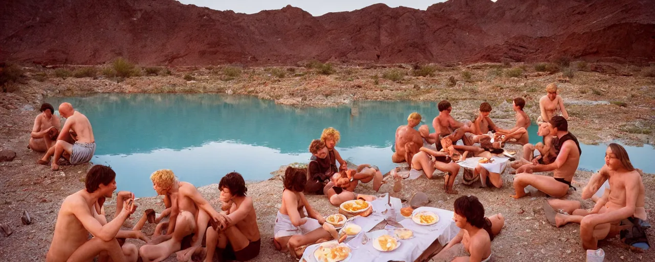 Image similar to group at a natural hot springs eating spaghetti, desert, sunset, kodachrome, in the style of wes anderson