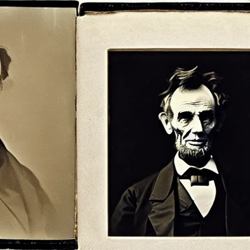 Prompt: old spirit photography, ghostly specter looms over Abraham Lincoln, daguerreotype