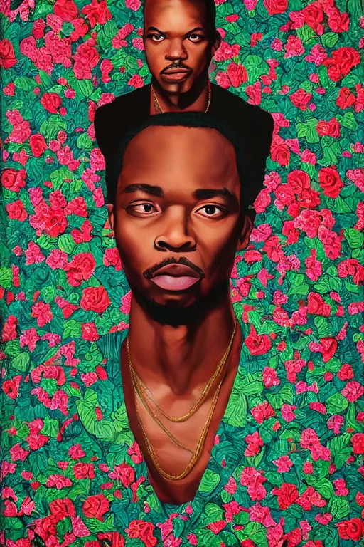 Prompt: Andre Benjamin, portrait by Kehinde Wiley!!, roses, oil paint on canvas, brushstrokes,