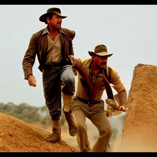 Prompt: indiana jones chased by a builder
