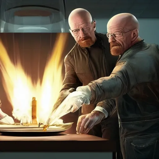 Image similar to Elon musk and Walter white cooking meth. 8k ultra realistic, award winning, unreal engine 5, masterpiece, atmosphere glow, hyperrealistic, focused, extreme details, cinematic