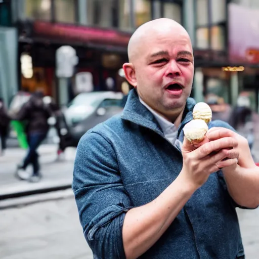 Image similar to photograph of a crying man holding a tiny small ball of ice cream in nyc.