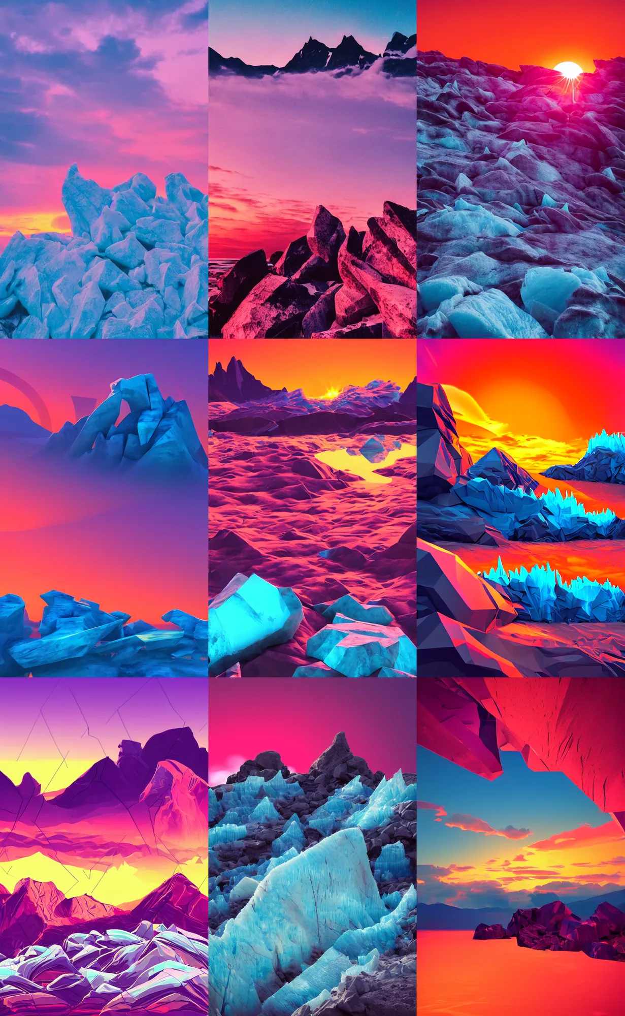 Prompt: sunset, glacier, jagged rocks, synthwave, neon