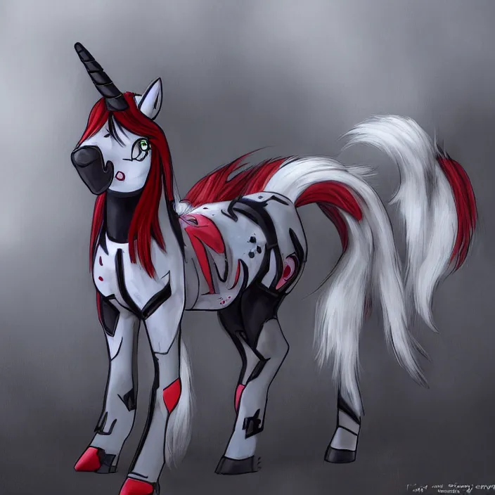 Prompt: Fallout Equestria Project Horizons | Blackjack Character Fanart | White MLP Unicorn Mare with red and black shaggy hair, and bright, robotic eyes. | Cutie Mark is: Ace and Queen of Spades | Trending on ArtStation, Digital Art, MLP Fanart, Fallout Fanart | Blackjack sitting and looking depressed at the viewer | Hyperrealistic CGI Photorealistic Cyborg Unicorn