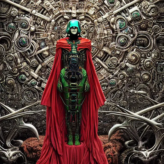 Image similar to symmetric frame of dr doom from Prometheus movie by beksinski, cyborg dr doom in ornate armour, by guo pei and alexander mcqueen metal couture editorial, eldritch epic monumental wallpaper by beksinski by Yuko Shimizu