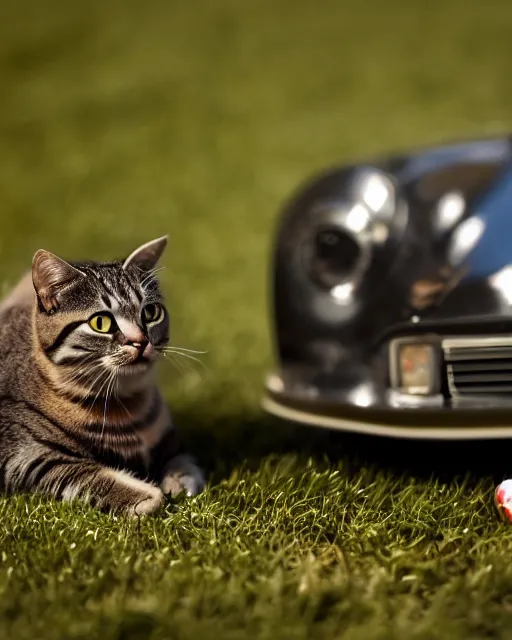 Image similar to high quality presentation photo of a cat biting a toy car, photography 4k, f1.8 anamorphic, bokeh, 4k, Canon, Nikon