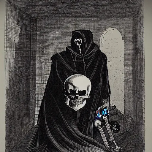 Image similar to a boogeyman in the behind of a skeleton in a black cloak