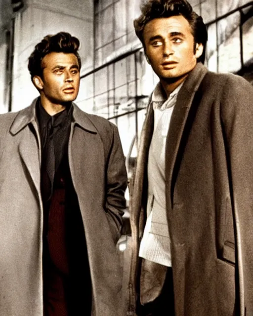 Image similar to genetic combination of peter falk and james dean, detective in overcoat, dynamic lighting, ultra detailed