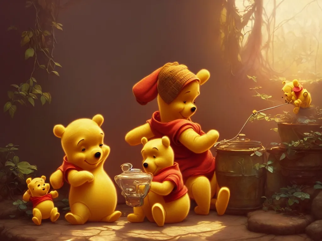 Prompt: winnie the pooh and honey pot cute and cuddly, highly detailed, photorealistic, octane render, 8 k, unreal engine. art by artgerm and greg rutkowski and alphonse mucha