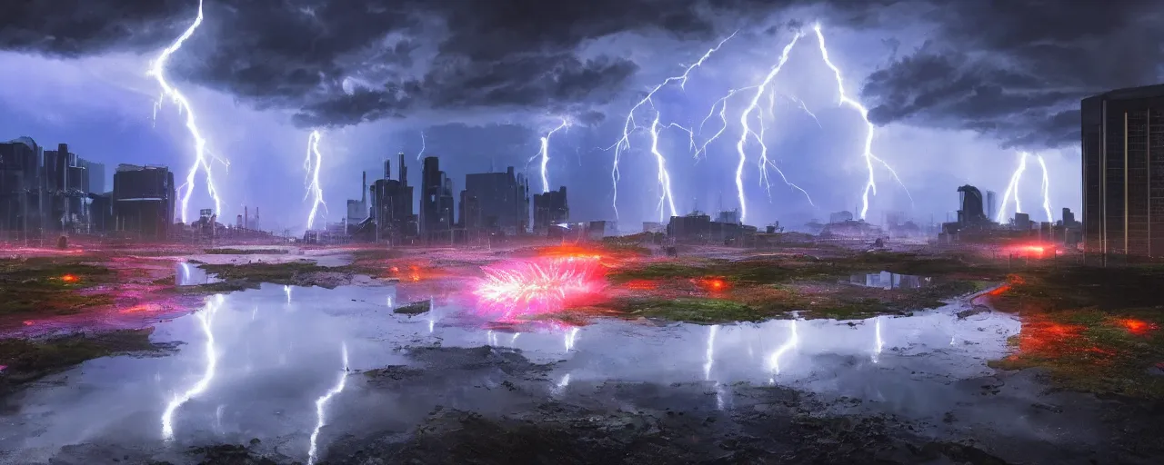 Image similar to cyberpunk landscape, vivid, volumetric lighting, lightning, thunder, storm, portal, puddles, mystical