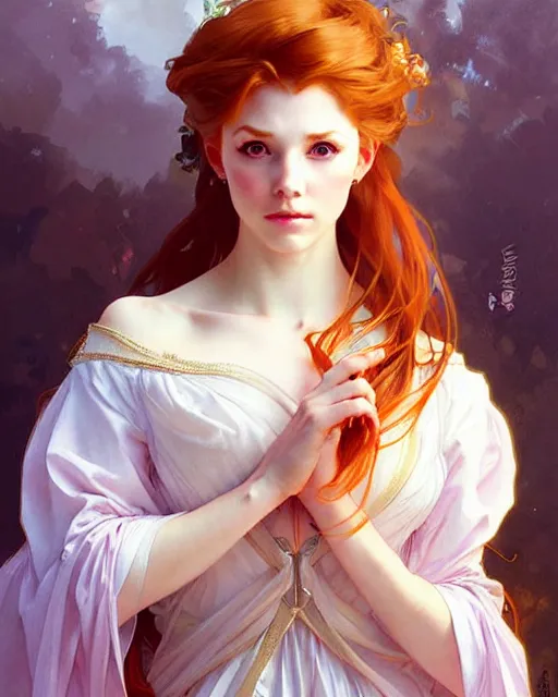 Prompt: a cool ginger girl. she is dressed as a princess. clean elegant painting, beautiful detailed face. by artgerm and greg rutkowski and alphonse mucha