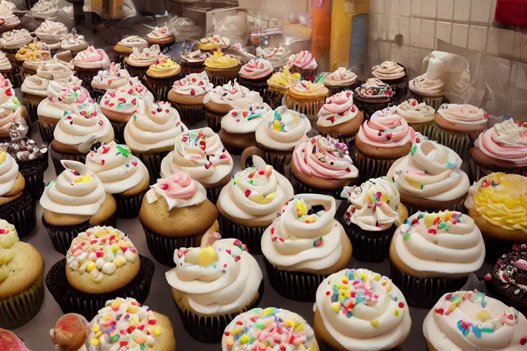 Prompt: Crowded cupcake bakery, wide shot, trending on artstation