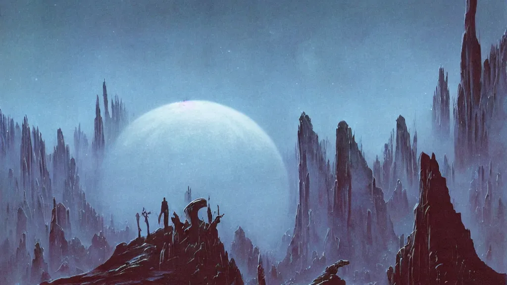 Image similar to eerie atmospheric alien worlds by michael whelan and bernie wrightson, epic cinematic matte painting