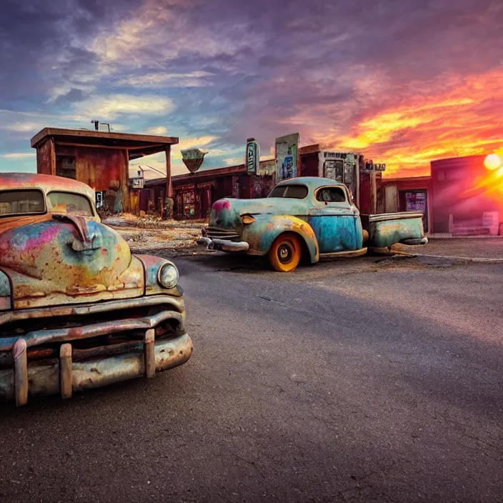 Image similar to a sunset light landscape with historical route 6 6, lots of sparkling details and sun ray ’ s, blinding backlight, smoke, volumetric lighting, colorful, octane, 3 5 mm, abandoned gas station, old rusty pickup - truck, beautiful epic colored reflections, very colorful heavenly, softlight