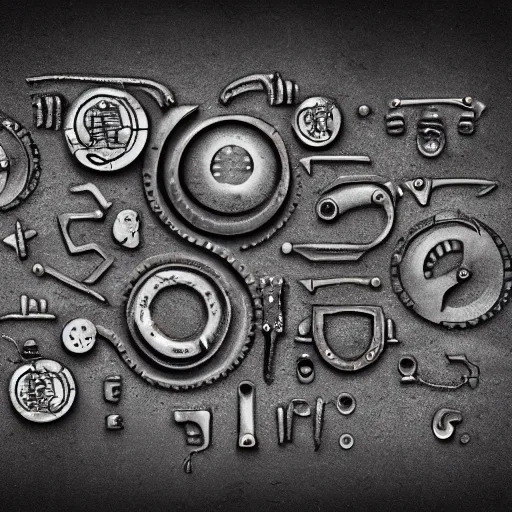 Image similar to 2 d illustration of ancient technology artifact made of steel and stone, with glow on some of its parts, monochromatic background, by afshar, petros