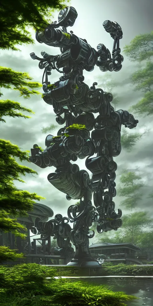 Image similar to japanese style, mech robot palace, hyper realistic, lush plants, painted by karl kopinski, 8 k, denoised artstation trending