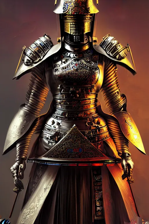 Image similar to beautiful and divine and luxury and evil and dieselpunklpunk three kingdom chinese female armor knight portrait, fighting in the chinese palace, ssci-fi, fantasy, neon light, fantasy, intricate complexity, human structure, human anatomy, hyperrealism 8k, art and illustration by tian zi and craig mullins and WLOP and alphonse mucha,