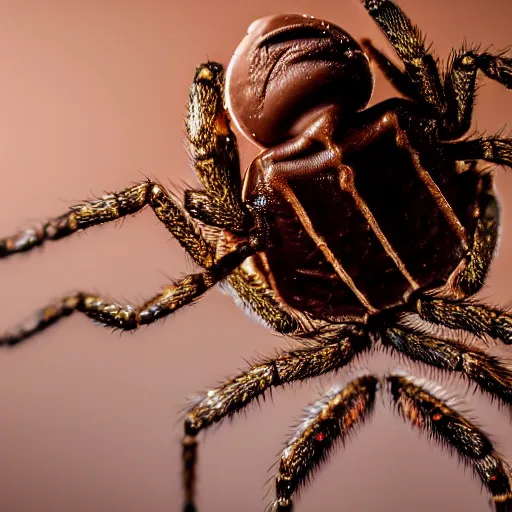 Image similar to detailed photograph of a levitating chocolate ice cream cone becoming a hairy brown recluse spider body at the bottom. dramatic, golden light. realistic photograph. delicious.