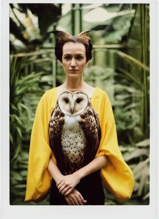 Prompt: grainy head to shoulder portrait Polaroid film photograph of an elegant top model wearing a yellow kimono with a very detailed barn owl on her shoulder!!! in a tropical greenhouse. looking at the camera!!. super resolution. Polaroid 600 film. art by Alessio albi and Annie Leibovitz and Rineke Dijkstra.