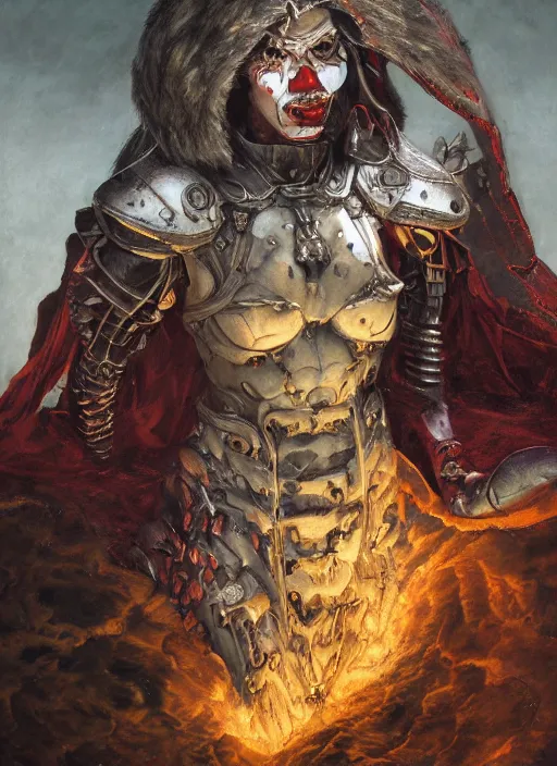 Image similar to portrait of a diabolical cyborg clown warrior girl, torn cape, adaptive armor, dynamic pose, heavy eyes to the side, ancient ruins, glowing veins subsurface scattering, in clouds, sunset, portrait, by gerald brom, by mikhail vrubel, by peter elson, muted colors, extreme detail, reflections, trending on artstation, 8 k