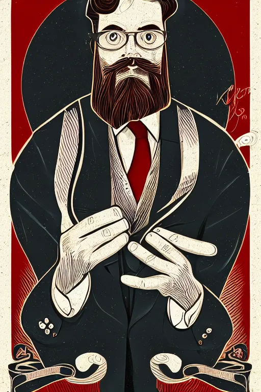 Image similar to an illustration of a portrait of a respectable dignified 3 0 ish pentecostal preacher with kind eyes and red beard and hair in the style of art - deco artwork art by kyle ferrin and loish!, digital art, highly detailed, intricate, sharp focus, trending on artstation hq, deviantart, 4 k uhd image