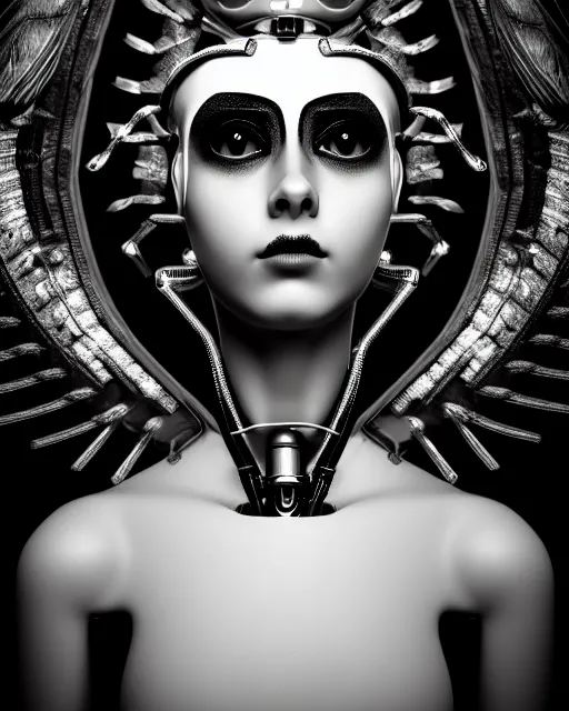 Image similar to surreal mythical dreamy dark artistic black and white fine art 3 / 4 fashion portrait photo of a young beautiful delicate female robot - owl with orchid - doll face, rim light, cinematic, studio dramatic light, poetic, masterpiece, octane render, 8 k, photo - realistic by gustave dore hg giger and man ray