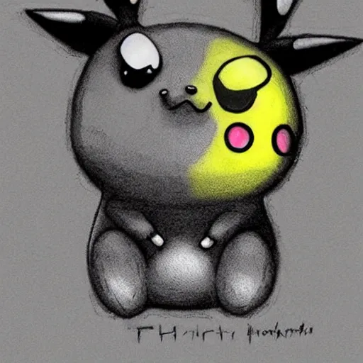 Image similar to a photorealistic render of pikachu as a character from a tim burton movie. Gothic. Detailed.