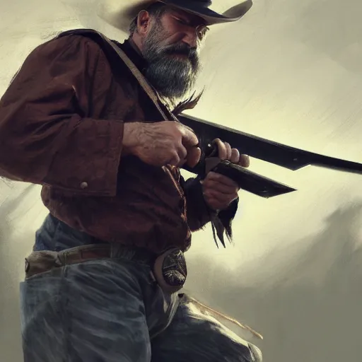 Image similar to cowboy with a katana striking an action pose, old, white beard, wrinkles, handsome, action pose, katana, profile, intricate, detailed, volumetric lighting, scenery, digital painting, highly detailed, artstation, sharp focus, illustration, concept art, ruan jia, steve mccurry