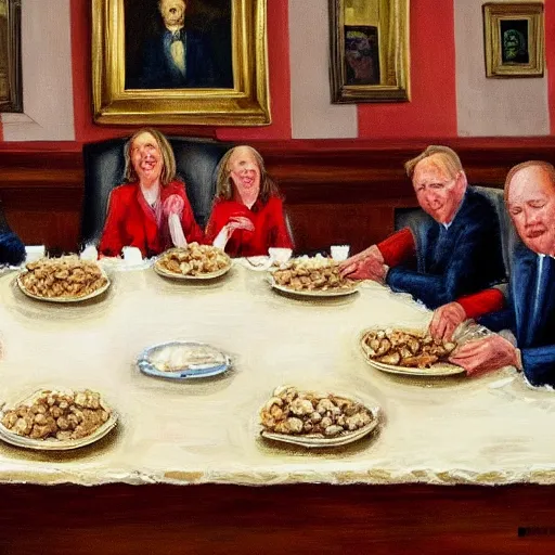 Prompt: oil painting of us senators devouring bones in the Senate chamber h- 512 w- 512