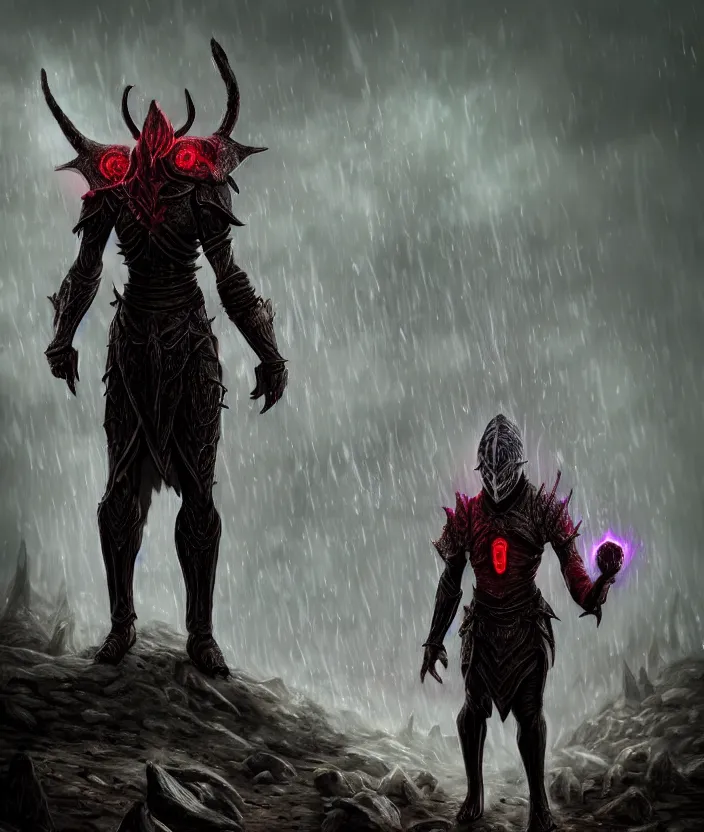 Image similar to A Dark Elf in Daedric armor with white hair and glowing red eyes travels in the rain through the land of Morrowind with his pack guar, Hyper realism, glow, runes, magic, morrowind, Skywind, Ash, Mushrooms, mud, Oblivion, Skyrim, solstheim, dark, gloomy