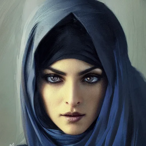 Image similar to a hyperrealistic render of an arab ameera al taweel, blue eyes, black hair, white veil,by WLOP,Artgerm,Greg Rutkowski,Alphonse Mucha, Beautiful dynamic dramatic dark moody lighting,shadows,cinematic atmosphere,Artstation,concept design art,Octane render,8K