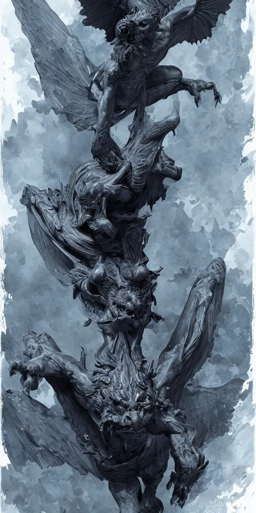 Image similar to highly detailed beautiful photography of flying gargoyle with human face, sharp focus, dynamic lighting, elegant, harmony, beauty, masterpiece, by riccardo federici, by james jean, by craig mullins, by lois van baarle, illustration, ink draw, pen, blue background