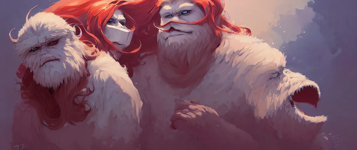 Image similar to beautiful artistic - wave highly detailed portrait of yeti and bigfoot, with kitsune mask, long red hair, by atey ghailan, by greg rutkowski, by greg tocchini, by james gilleard, by joe fenton, by kaethe butcher, dynamic lighting, gradient light blue, brown, blonde cream and white color scheme, grunge aesthetic