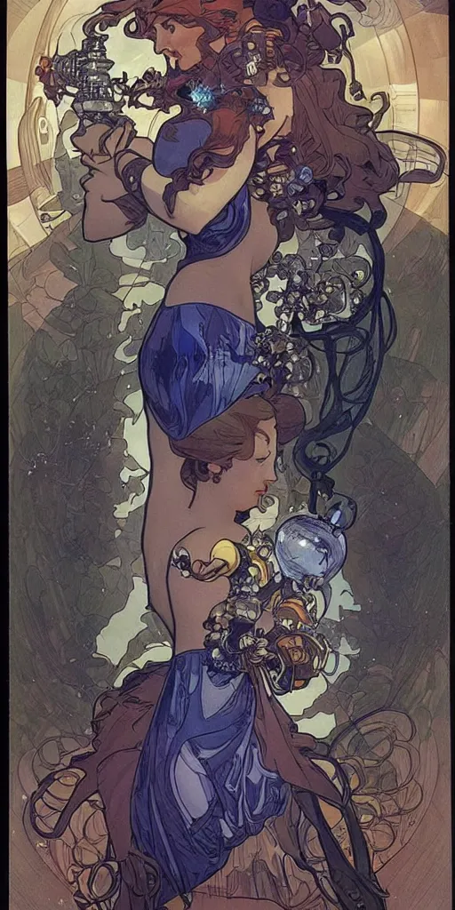 Image similar to a woman wearing outer space as a dress, pouring water from a vase into the milky way, by travis charest, by alphonse mucha, battle chasers.