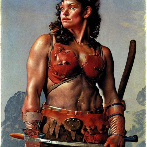 Image similar to portrait of a beautiful savage muscular barbarian female with light leather armor, by norman rockwell