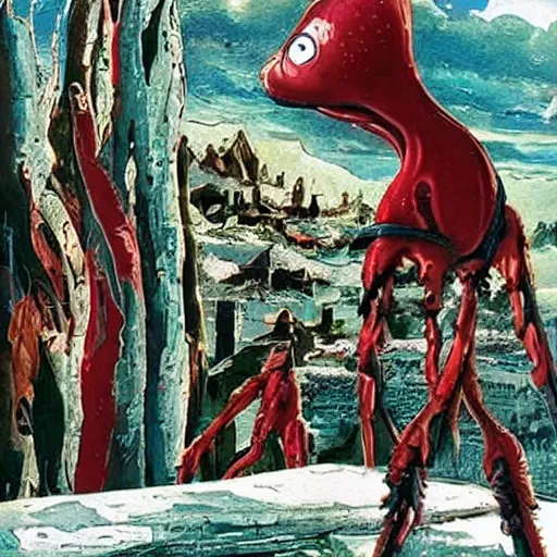 Image similar to A beautiful illustration of a strange, red alien creature looming over a green cityscape. The alien has several eyes and one mouth and its body is covered in scales. It seems to be coming towards the viewer, who is looking up at it in fear. By Max Ernst and Maciej Rebisz