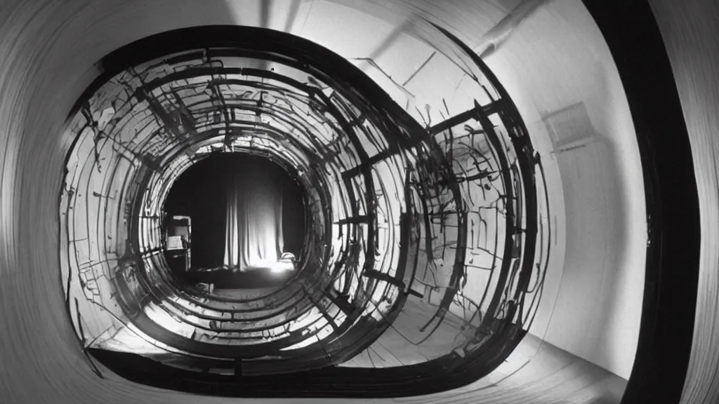 Image similar to an mri image open mri exposed uncovered machine portal in the living room, film still from the movie directed by denis villeneuve with art direction by salvador dali, wide lens