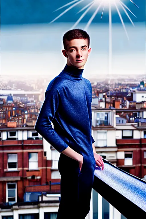 Image similar to un ultra high definition studio quality photographic art portrait of a young man standing on the rooftop of a british apartment building wearing soft padded silver pearlescent clothing. three point light. extremely detailed. golden ratio, ray tracing, volumetric light, shallow depth of field. set dressed.