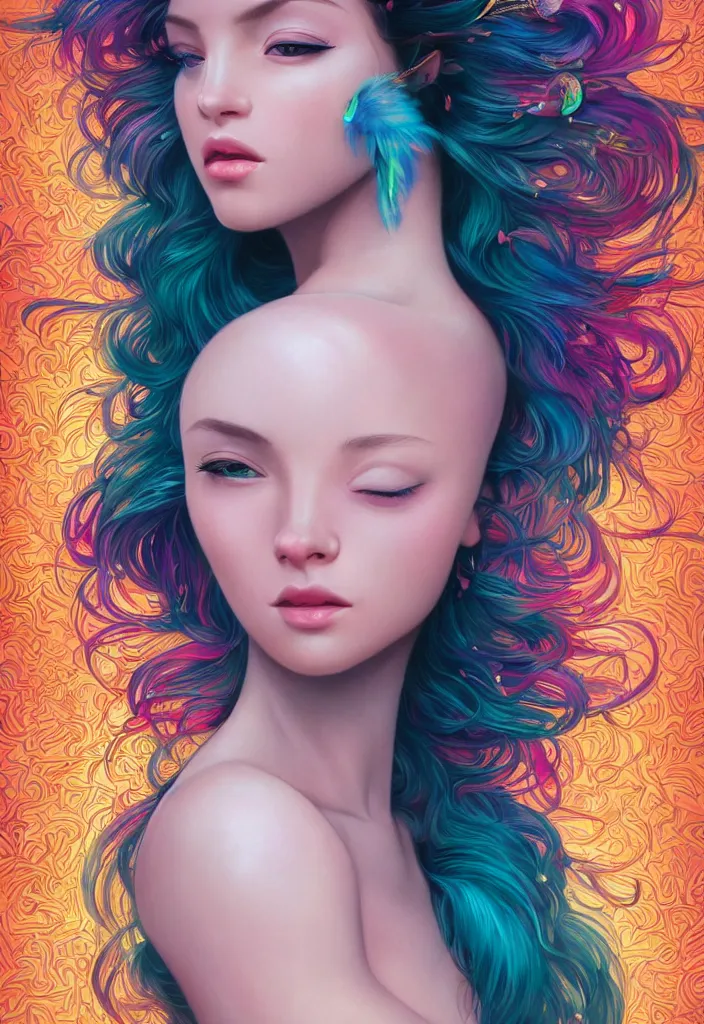 Image similar to beautiful, young woman, detailed gorgeous face, vaporwave aesthetic, synthwave, colorful, psychedelic, water droplets, feathers, crown, artstation, concept art, smooth, extremely sharp detail, finely tuned detail, ultra high definition, 8 k, unreal engine 5, ultra sharp focus, illustration, art by artgerm and greg rutkowski and alphonse mucha