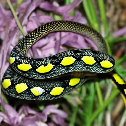 Image similar to checkered garter snake smelling a flower in the style of anime, cute