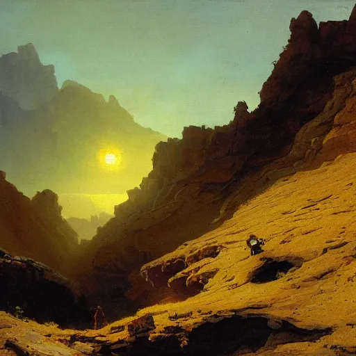 Image similar to an oil painting of a cracked and dry canyon on an alien planet with the sun breaking through clouds by carl spitzweg and tuomas korpi