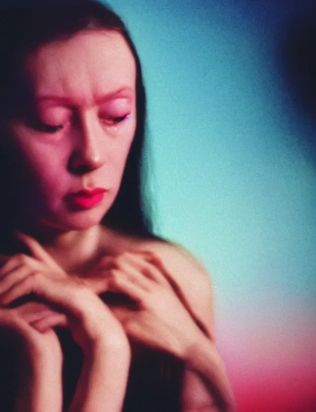 Prompt: woman crying infront of tv screen in dark room, wide angle, blue rays, redshift, wide shot, coloured polaroid photograph, pastel, kodak film, hyper real, stunning moody cinematography, by maripol, fallen angels by wong kar - wai, style of suspiria and neon demon, david hockney, detailed, oil on canvas