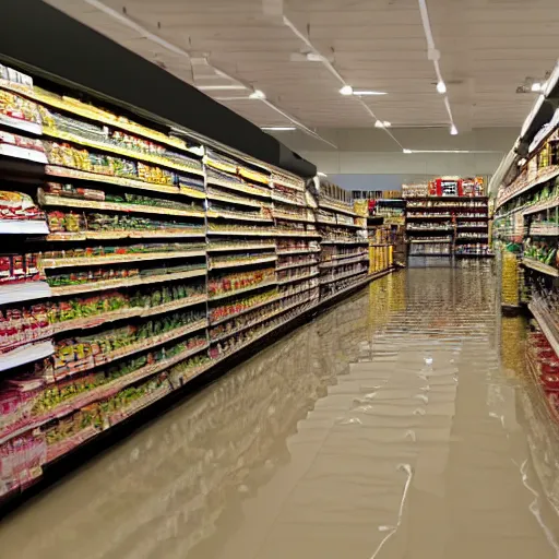 Prompt: photo of a grocery store interior, the floor is flooded with one meter deep water. eerie, volumetric lighting. highly - detailed 4 k