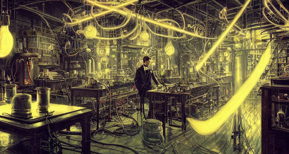 Prompt: nikolai tesla in his lab, electrical arcs, magical sparks, large glowing light bulbs, neon glow, highly detailed, digital art, intricate, dramatic lighting, retro futuristic, neon colors, cinematic, art by norman rockwell, greg rutkowski, james gurney, artgerm