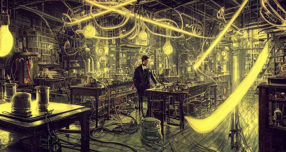 Image similar to nikolai tesla in his lab, electrical arcs, magical sparks, large glowing light bulbs, neon glow, highly detailed, digital art, intricate, dramatic lighting, retro futuristic, neon colors, cinematic, art by norman rockwell, greg rutkowski, james gurney, artgerm