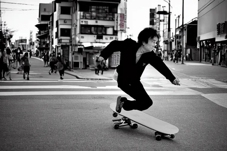 Image similar to conan is running towards freedom by skateboarding on the streets of beikacho, tokyo, japan, by aoyama gangchang.